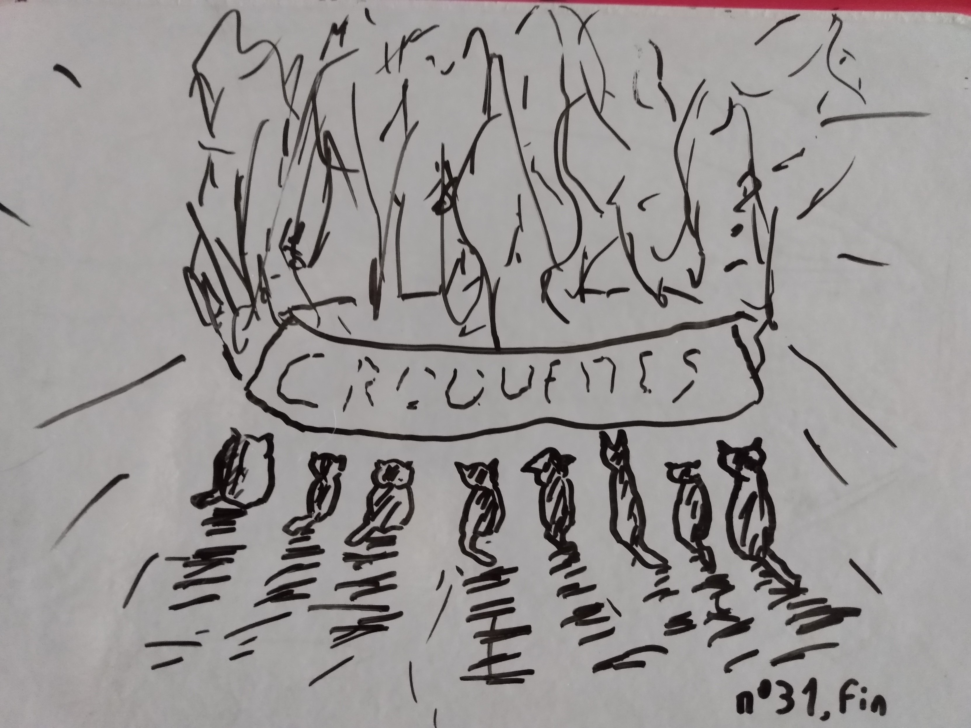 Les chats sont assis autour de la grande gamelle qui brûle